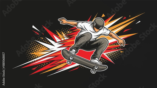 Skateboarder performing aerial trick against abstract graphic background