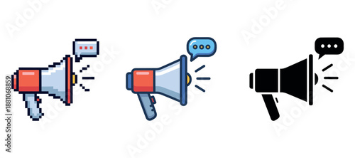 Set of megaphone icons with speech bubbles in various styles
