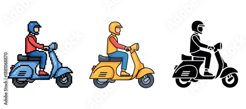 Male scooter riders in pixel, cartoon, and silhouette styles