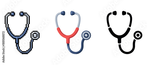 Pixelated, colorful, and silhouette stethoscope designs on white background