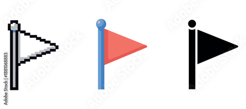 Three iconic triangular flags in pixel, minimalist, and modern styles