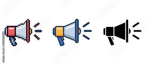 Set of three megaphone icons in pixel, color, and silhouette styles