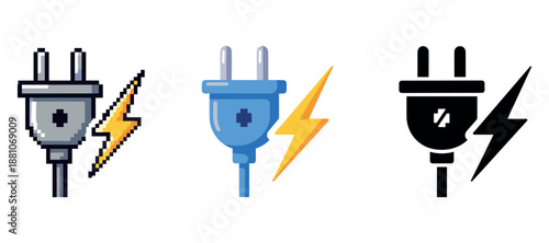 Three electric plugs with lightning bolts: pixel, blue, and black designs