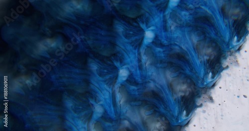 Defocused paint droplet. Pigment spread. Blue watercolor dye blotch on gray black acrylic. Abstract wavy color mix prism background.