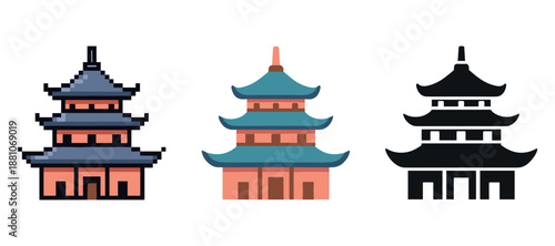 Three asian pagoda icons in pixel style: color and silhouette variations