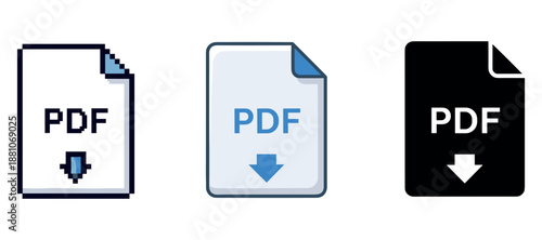 Pdf document icons set with download symbols in various styles