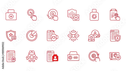Set of red line icons representing medical security and technology concepts