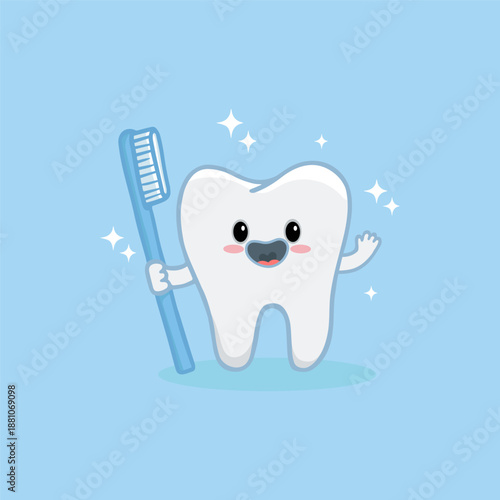Cute cartoon tooth with toothbrush. Teeth cleaning icon. Happy cute character tooth. Dentistry concept of oral hygiene, dental care for kids. Vector illustration 