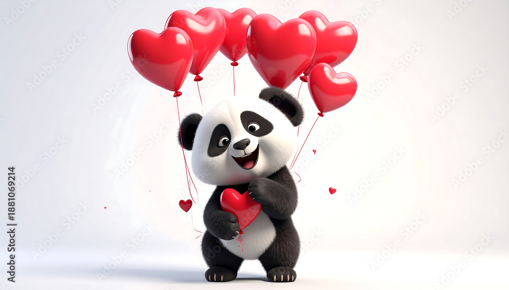 Obraz premium Cartoon panda holding a heart, surrounded by red heart balloons on a white background