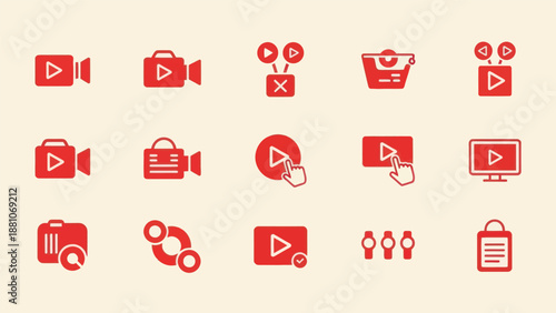 Set of red video camera and play icons on a light beige background