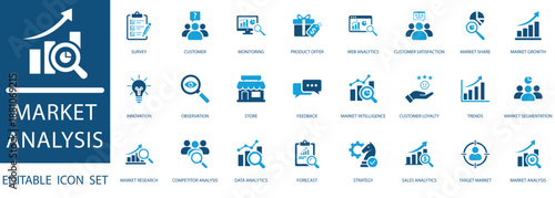 Market analysis icon set featuring survey, strategy, market research, customer survey, and marketing intelligence symbols for web and app design.