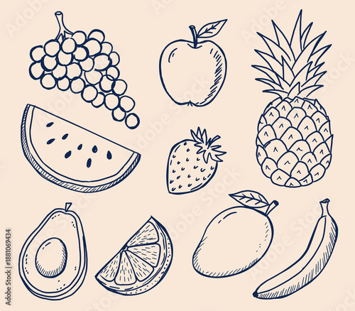 Fruit kids whimsical charcoal doodle set, childish chalk Fruit characters. Wax crayon kindergarten garden print. Scribble Sketch piece fruits.