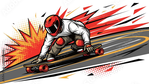 Skateboarder speeding down asphalt road vector illustration design