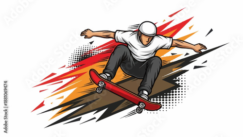 Skateboarder performing trick with dynamic graphic on white background