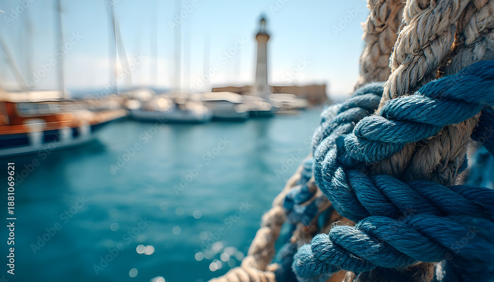 Fototapeta premium Close-up nautical knot rope tied around stake on boat or ship, boat mooring rope. Marine rope on the ship. The ship leaves the port. Lighthouse. Mooring rope. Ship in the harbor.