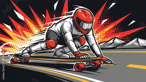 Skateboarder speeding down road in graphic illustration with dynamic background