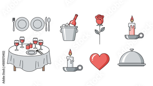 Vector icons romantic dinner, celebration. Features table, rose, champagne, candles, heart. Digital assets for invitations, web, events, expressing love and special moments