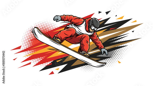 Snowboarder performing aerial maneuver with dynamic graphic elements on white