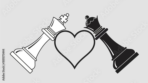 White chess king and black queen strategically align around a heart, symbolizing powerful romantic love, deep partnership, and the harmonious union of strong individuals