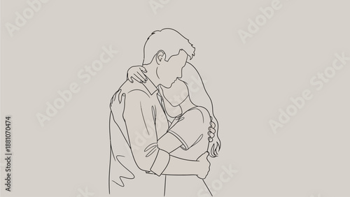 Embrace of Love A Couple's Tender Hug Depicted in Minimalist Line Art - Symbolizing Connection and Affection
