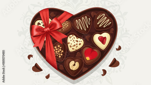 Assortment of heart-shaped chocolates in a decorative box tied with a red ribbon, perfect for Valentine's Day or any sweet occasion