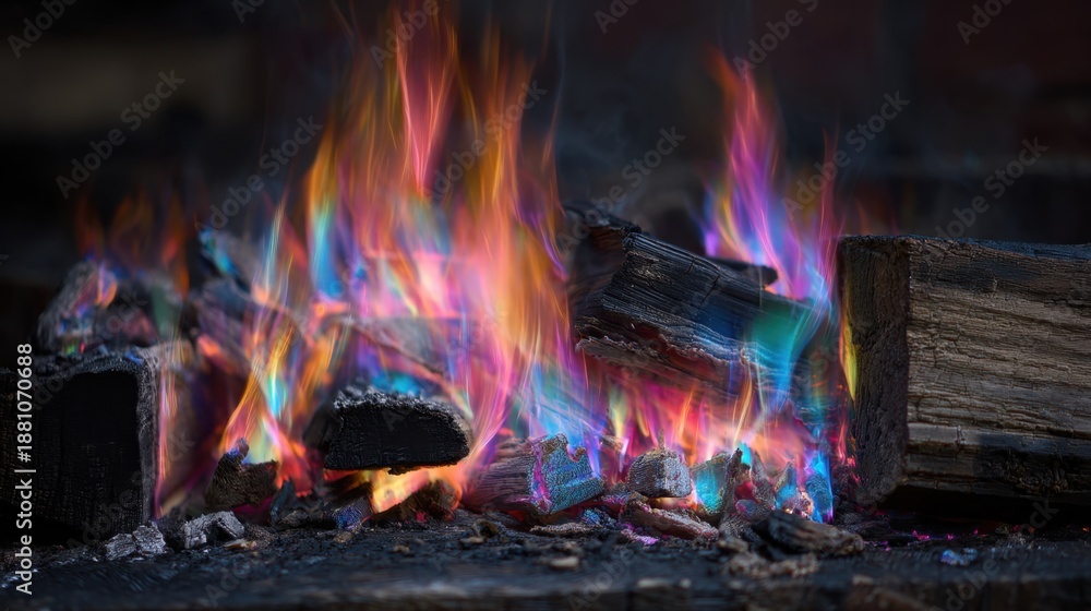 Obraz premium Vibrant rainbow-colored flames dancing over logs in a wood fire.