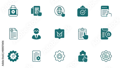 Set of various digital icons depicting business and technology concepts