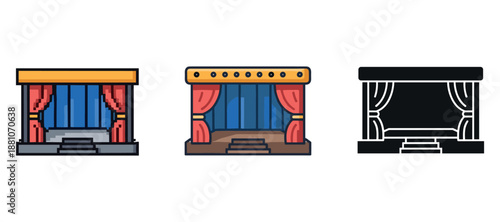 Theater stage icons with red curtains and steps in three styles