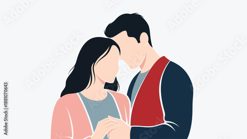 Minimalist illustration depicting a romantic couple in a gentle embrace, signifying love, unity, and emotional closeness. This artwork captures the essence of human connection
