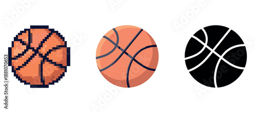 Three basketball icons: pixel, cartoon, silhouette design variations
