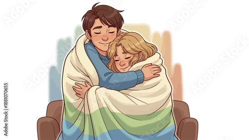 Cozy couple wrapped in a soft blanket, sharing a warm embrace and intimate moment of comfort and togetherness on a peaceful evening