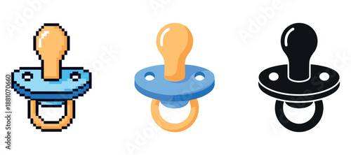 Variety of baby pacifiers: pixel art, cartoon, and silhouette designs