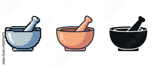 Pixel, flat, and silhouette mortar and pestle icons set on white background