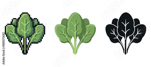 Stylized spinach icons: pixel art, minimalist design, and black silhouette
