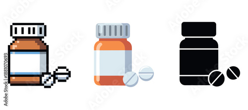 Pixel, vector, and silhouette versions of a medicine bottle with pills