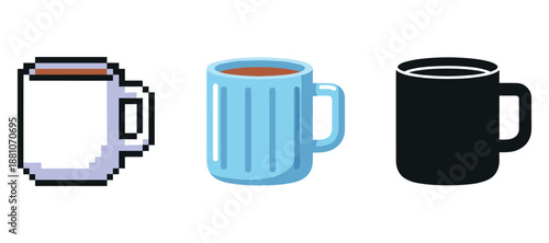 Three coffee mugs in pixel, cartoon, and silhouette styles side by side