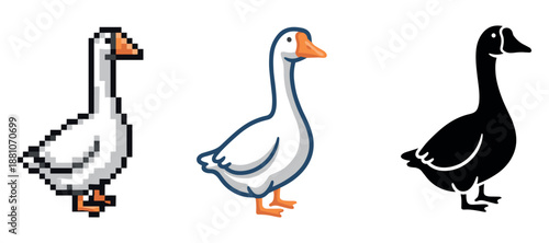 Pixelated, outlined, and silhouette goose variations in a row