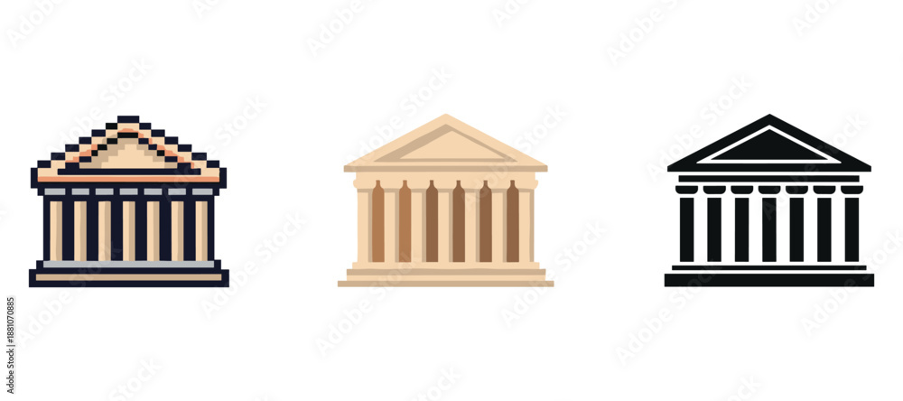 Fototapeta premium Pixel, minimalist, and silhouette bank icons - financial building vector set