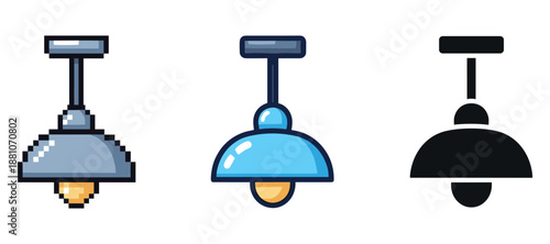 Set of three stylized hanging lamps in pixel, cartoon, and silhouette designs