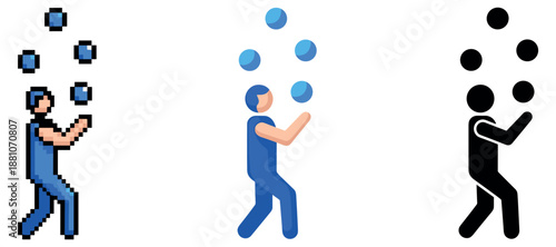 Pixelated, colorful, and silhouette illustrations of a person juggling balls