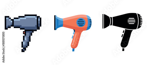 Set of three hair dryer icons: pixel, flat, silhouette styles