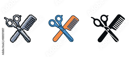 Pixelated, flat, and silhouette styles of scissors and comb icons on white background