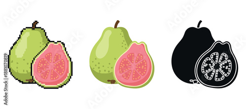 Pixel art and vector pears with guava on white background
