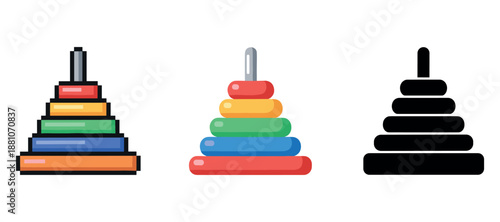 Colorful toy stacking rings in pixel, vector, silhouette styles