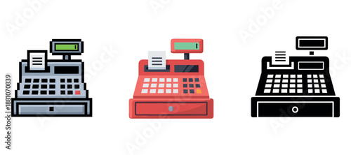 Three colorful cash register icons: cartoon, red, black silhouette