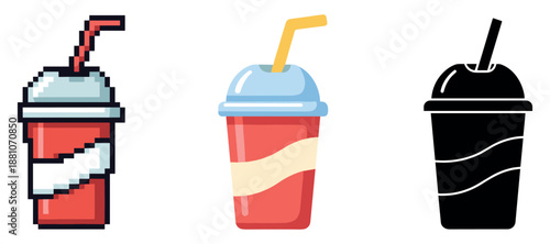 Retro pixel art, smooth color, and silhouette drink cup icons with straws