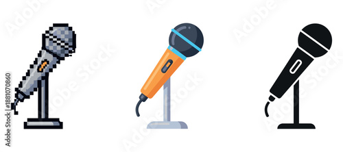 Pixelated, cartoon, and silhouette microphones on stands in different styles
