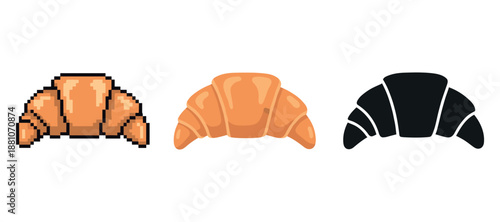 Set of croissant icons in pixel art, outline, and solid styles