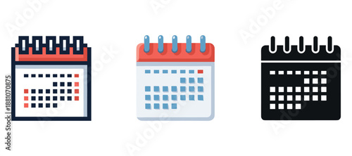 Colorful calendar icons set in varied designs with spiral binding on white background