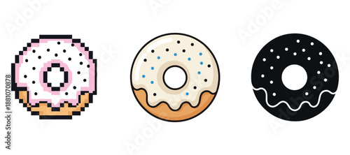 Pixelated, cartoon, and silhouette donut designs with sprinkles on white background